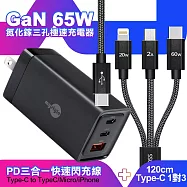 MyStyle 65W GaN氮化鎵極速充電器-黑+CITY TypeC 1對3 PD快速閃充線三合一 120cm-黑