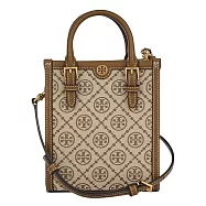 TORY BURCH 緹花拼接皮革滿版LOGO兩用包-卡其駝