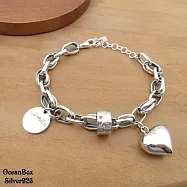 韓系時尚愛心英文字母圓環吊墜S925純銀手鍊 (外鍍專櫃級正白K.附贈禮盒)