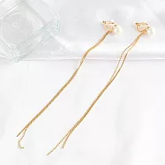 [Emi艾迷]韓系極簡純粹線條珍珠 長流蘇 耳環 耳夾 夾式耳環 無耳洞 金色-耳夾款