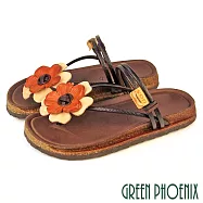 【GREEN PHOENIX】女 涼鞋 拖鞋 兩穿 夾腳 全真皮 花朵 手工 台灣製 EU35 橙色