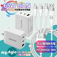 NEXSON通海 65W氮化鎵GaN PD-650GS 2C孔+1A孔+MyStyle 二出三 6用型快充線-白