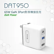 【DIKE】4K影像傳輸65W GaN氮化鎵TypeC/USB/HDMI PD+QC 3孔快充充電器(DAT950) 白