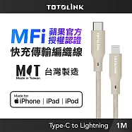 【TOTOLINK】MFi認證 USB-C to Lightning 大電流快充傳輸線 充電線_ 1M(台灣製造/iPhone 14前適用/柔軟編織/Type-C) 柔霧奶