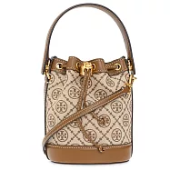 Tory Burch 滿版LOGO緹花拼接皮革迷你水桶包-卡其駝
