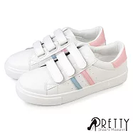 【Pretty】女 小白鞋 休閒鞋 魔鬼氈沾黏帶 平底 皮革 顯瘦 JP25 粉紅色