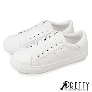 【Pretty】女 休閒鞋 綁帶 平底 皮革 顯瘦 小白鞋 全黑工作鞋 JP23.5 白色