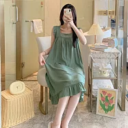 【Wonderland】100%嫘縈純欲風寬吊帶方領睡衣洋裝(5款) FREE 清新純色(綠)