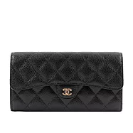 CHANEL 金色CC Logo荔枝皮二折壓釦長夾 (黑色)