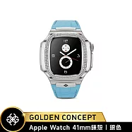 ★送原廠好禮★Golden Concept Apple Watch 41mm 保護殼 ROLMD41 銀錶殼/藍皮革錶帶 (鑲嵌莫桑石寶石)