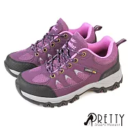 【Pretty】女 登山鞋 運動鞋 休閒鞋 戶外 機能 綁帶 防潑水 反光 EU36 紫色
