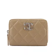 CHANEL 雙色珠寶CC Logo 羊皮ㄇ形拉鍊零錢包 (深米色)