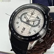 MASERATI瑪莎拉蒂精品錶,編號：R8871610001,46mm圓形黑精鋼錶殼白色錶盤真皮皮革深黑色錶帶