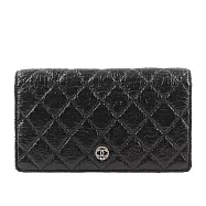 CHANEL 銀色圓形CC Logo 皺褶皮革二折對開長夾_展示品 (黑色)