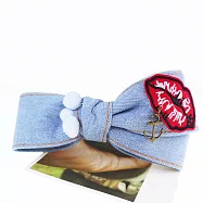 【PinkyPinky Boutique】刺繡紅脣 牛仔蝴蝶結髮夾 (藍色)