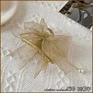 『?井.亞希子』日系金屬網紗蝴蝶結垂墜珍珠造型髮抓夾 -香檳色