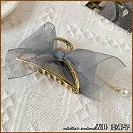 『?井.亞希子』日系金屬網紗蝴蝶結垂墜珍珠造型髮抓夾 -灰色