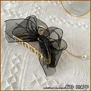 『?井.亞希子』日系金屬網紗蝴蝶結垂墜珍珠造型髮抓夾 -黑色