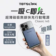 【TOTOLINK】M5 Magsafe PD20W 超薄磁吸 無線快充 行動電源-5000mAh(超薄磁吸 完美貼合 無線快充/ 不擋鏡頭)_ 太空藍