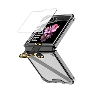 三星 Galaxy Z Flip6 殼膜分離式 透明氣囊指環支架防摔殼+鋼化膜 手機殼 透黑