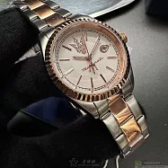 MASERATI瑪莎拉蒂精品錶,編號：R8853100504,30mm圓形玫瑰金精鋼錶殼白色錶盤精鋼金銀相間錶帶