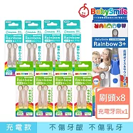 日本BabySmile 刷頭替換組 2只/組 x8 +贈 充電款S-205 兒童電動牙刷 軟+硬 各*4+贈S-205牙刷(藍)