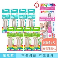 日本BabySmile 刷頭替換組 2只/組 x8 +贈 充電款S-205 兒童電動牙刷 軟+硬 各*4+贈S-205牙刷(粉)