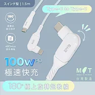 【REAICE】台灣製180&deg;極上旋轉超軟充電線Type-C to Type-C 1.5m(Android手機/平板/iPhone15以上系列適用/MIT台灣製造)