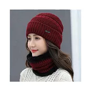 【小天兒】男女百搭加厚加絨保暖圍脖+毛帽套組(M8888) 保暖帽/毛帽/圍巾 酒紅色