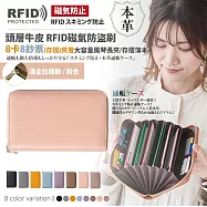 【Sayaka紗彌佳】頭層牛皮 RFID磁氣防盜刷 8卡8鈔票(存摺)夾層大容量風琴長夾/存摺簿本 -淺金拉鍊款/粉色