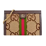 Gucci 經典Ophidia Jumbo GG帆布皮革飾邊手拿/肩背包 鳥木色