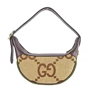 GUCCI Jumbo GG 帆布印花皮革飾邊半月手提/肩背包 鳥木色