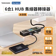 Dockcase 100W PD3.0供電 USB 3.2 Gen 1傳輸4K 60Hz RJ45 乙太網路6合1 HUB USB-C集線器/轉接器 DPB61L 極光黑