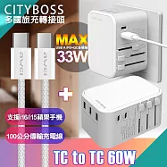 CITY萬用轉接頭急速充電器33W PD快充-白+AWEi 編織線 Type-C to Type-C -支援i16/i15蘋果手機) 搭黑線
