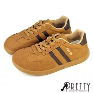 【Pretty】女 休閒鞋 德訓鞋 阿甘鞋 麵包鞋 寬楦 平底 綁帶 仿麂皮 EU36 棕色