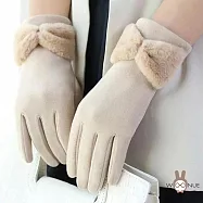 【WOONUE】超高質感保暖可觸控手套親膚羊毛加絨防寒雙層手套黑奶茶色(閨蜜情人聖誕節朋友母親節紀念女友禮物) 奶茶杏蝴蝶結