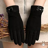 【WOONUE】超高質感保暖可觸控手套親膚羊毛加絨防寒雙層手套黑奶茶色(閨蜜情人聖誕節朋友母親節紀念女友禮物) 優雅黑小蝴蝶結