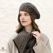 秋冬英倫100%純羊毛格紋親膚保暖時尚貝雷帽+圍巾套裝組(情人聖誕畫家女兒老婆父親母親生日節禮物) 摩卡棕格紋