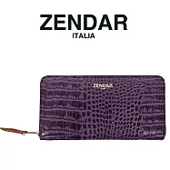 【ZENDAR】台灣總代理 限量1折 頂級小牛皮鱷魚紋拉鍊長夾 霏比系列 全新專櫃展示品(鳶尾紫 送禮盒提袋)