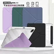 VXTRA 軍事防摔級 2024 iPad mini 7 / mini 6 共用 Y折晶透背蓋立架皮套+9H玻璃貼(合購價) 微醺藍