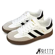 【Pretty】女 休閒鞋 阿甘鞋 德訓鞋 平底 綁帶 復古 條紋 EU40 白灰色