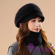 【Decoy】冬季保暖 日系百搭時尚兔毛貝雷帽+脖圍 / 黑色