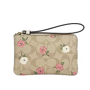 COACH CC Logo 花卉圖案塗層帆布L 型拉鍊手拿包 (淺卡其/白色)