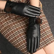 seoul show首爾秀 毛球全掌觸控頭層小羊皮珊瑚絨女士真皮保暖手套 黑色