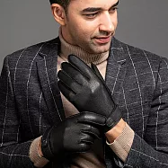 seoul show首爾秀 仿鹿皮紋皮帶按扣全掌觸控頭層小綿羊皮珊瑚絨真皮保暖手套 黑色