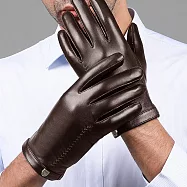 seoul show首爾秀 盾形銅標全掌觸控頭層小綿羊皮珊瑚絨真皮保暖手套 棕色