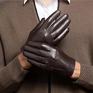 seoul show首爾秀 三線全掌觸控頭層小綿羊皮珊瑚絨真皮保暖手套 棕色