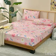 [超值組合]義大利La Belle《Sanrio-HELLO KITTY北歐花園》雙人海島針織床包枕套組+大容量洗衣袋1入