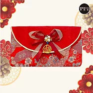 摩達客◉春節開運招財◉優雅精緻珍珠蝴蝶結綢緞橫式花朵流蘇藝術紅包袋錢包/單入