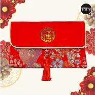 摩達客◉春節開運招財◉高級綢緞橫式金福字太陽花流蘇藝術紅包袋錢包/單入